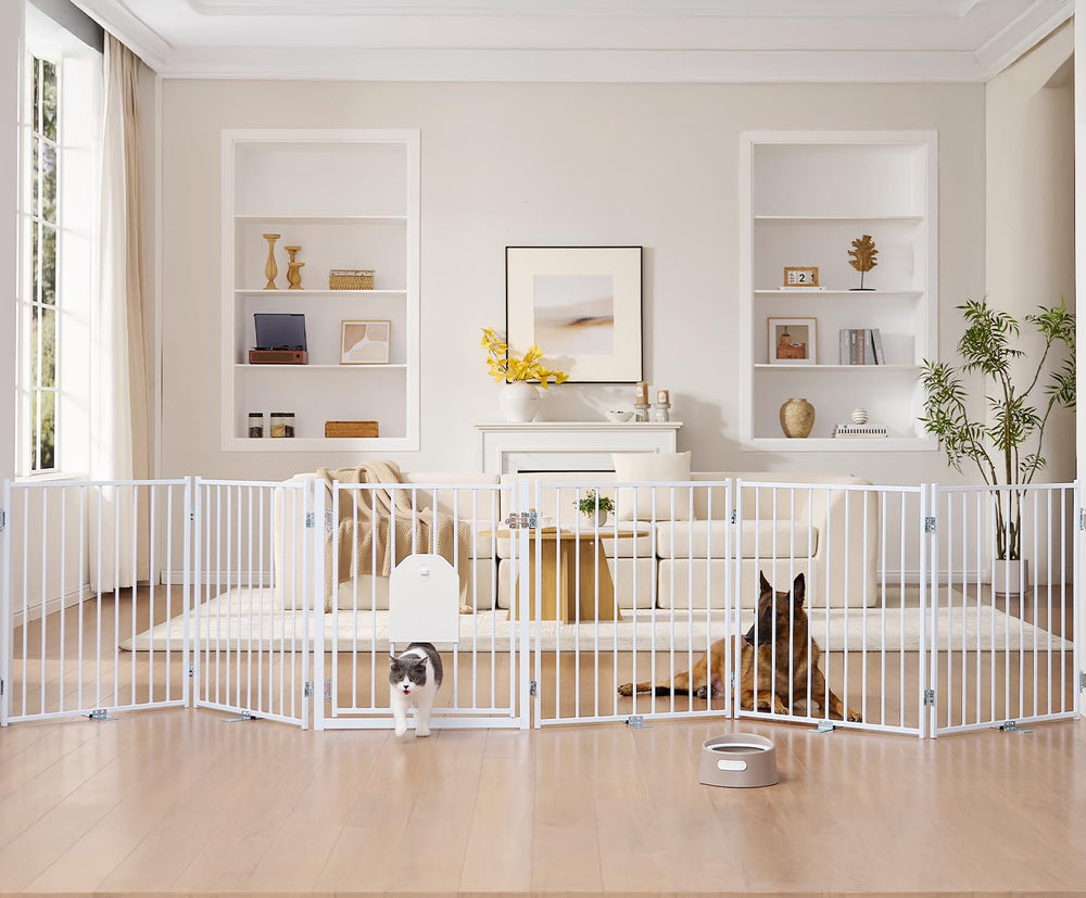 No Pawblems free standing dog gate with cat door demonstrates a sturdy metal frame for versatile indoor use.