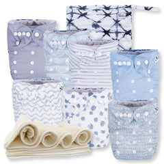 Nora's Nursery 7-pack cloth diapers with adjustable fit from 10 to 35 pounds.