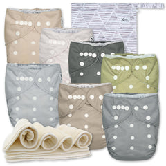 Nora's Nursery cloth diapers seven-pack with adjustable fit for growing babies.