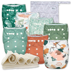 Nora's Nursery Oasis 7-pack diapers laid flat showing adjustable snaps for growing babies.