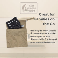 Stroller attachment snap handle shown for hands-free transport.