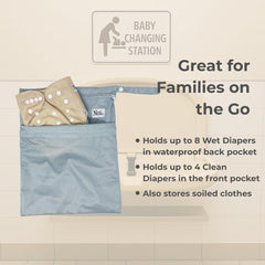 Nora's Nursery sea-colored bag showing waterproof PUL material for beach trips.