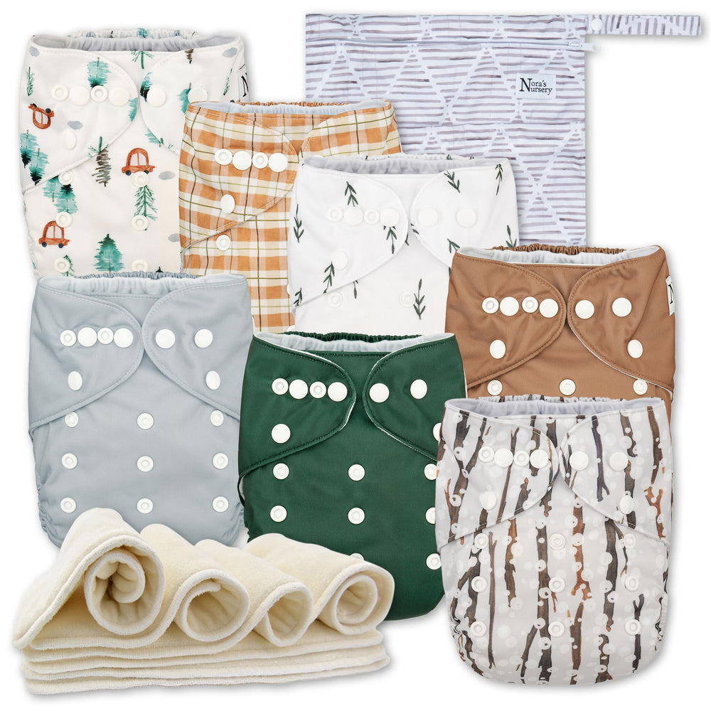 Nora's Nursery Woodlands cloth diapers 7-pack with skin-friendly, gentle touch for babies.