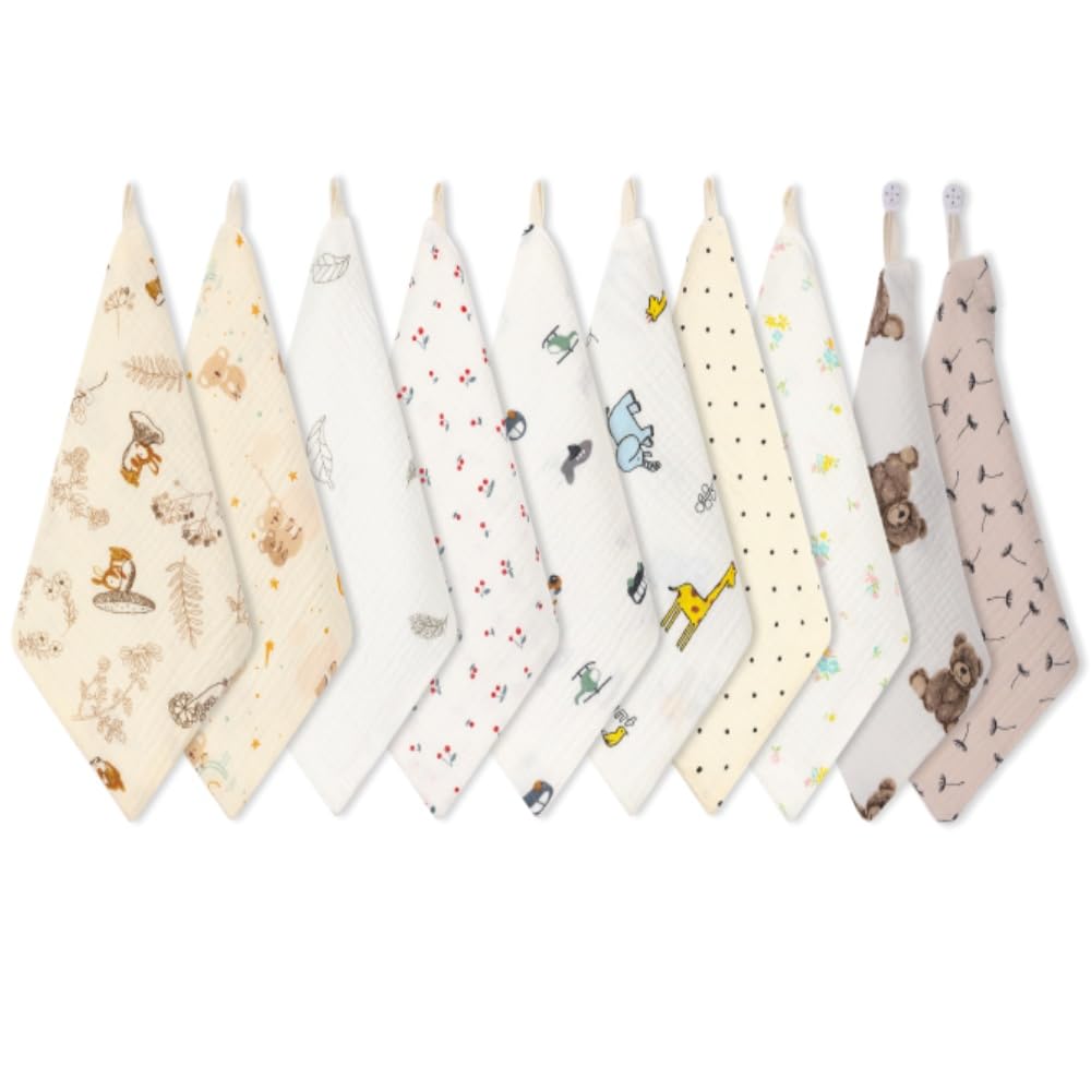 Norinori baby muslin washcloth with a cute cartoon pattern for gentle bath time.