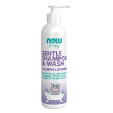 NOW Baby Gentle Shampoo lavender bottle demonstrates calming cleanse for delicate skin and hair.
