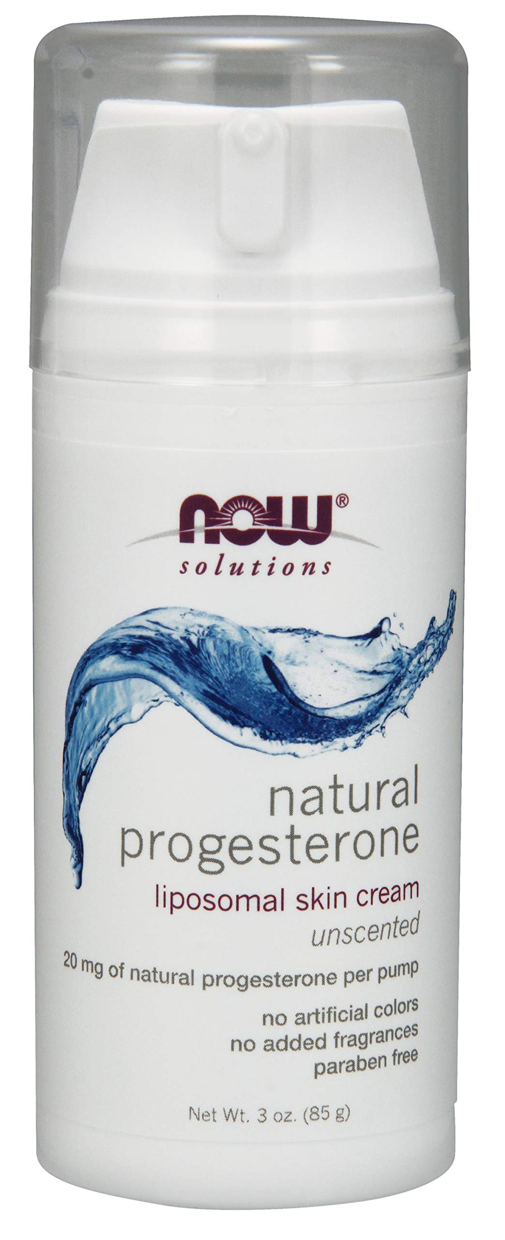 Now Foods Progesterone Cream unscented bottle with 20 mg per pump for fragrance-free topical use.