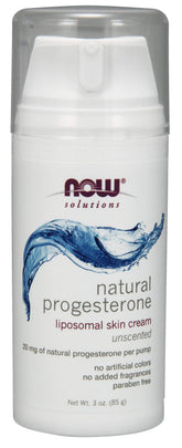 Now Foods Progesterone Cream unscented bottle with 20 mg per pump for fragrance-free topical use.