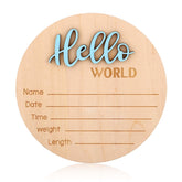 NQEUEPN newborn announcement sign in blue with Hello World, ideal for baby photos.