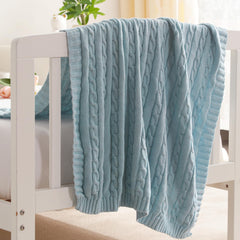 NTBAY cotton cable knit toddler blanket in blue, soft and breathable.