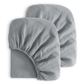 NTBAY muslin crib sheet two-pack in gray offers breathable comfort for nap time.