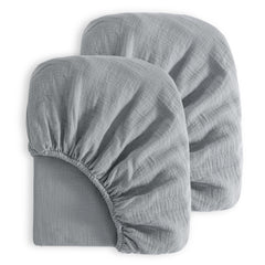 NTBAY muslin crib sheet two-pack in gray offers breathable comfort for nap time.