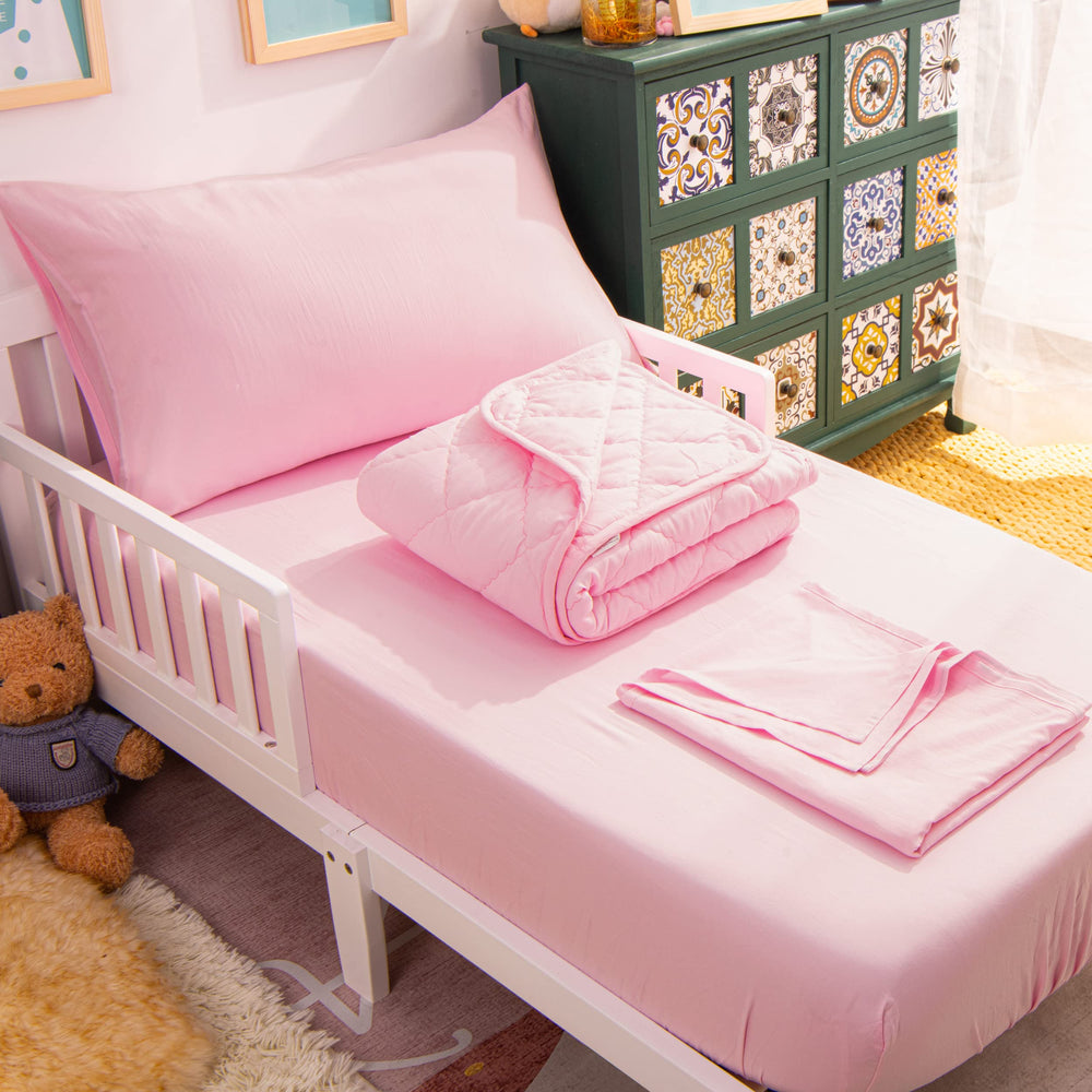 NTBAY Toddler Bedding Set quilted pink comforter for cozy bedtime warmth.