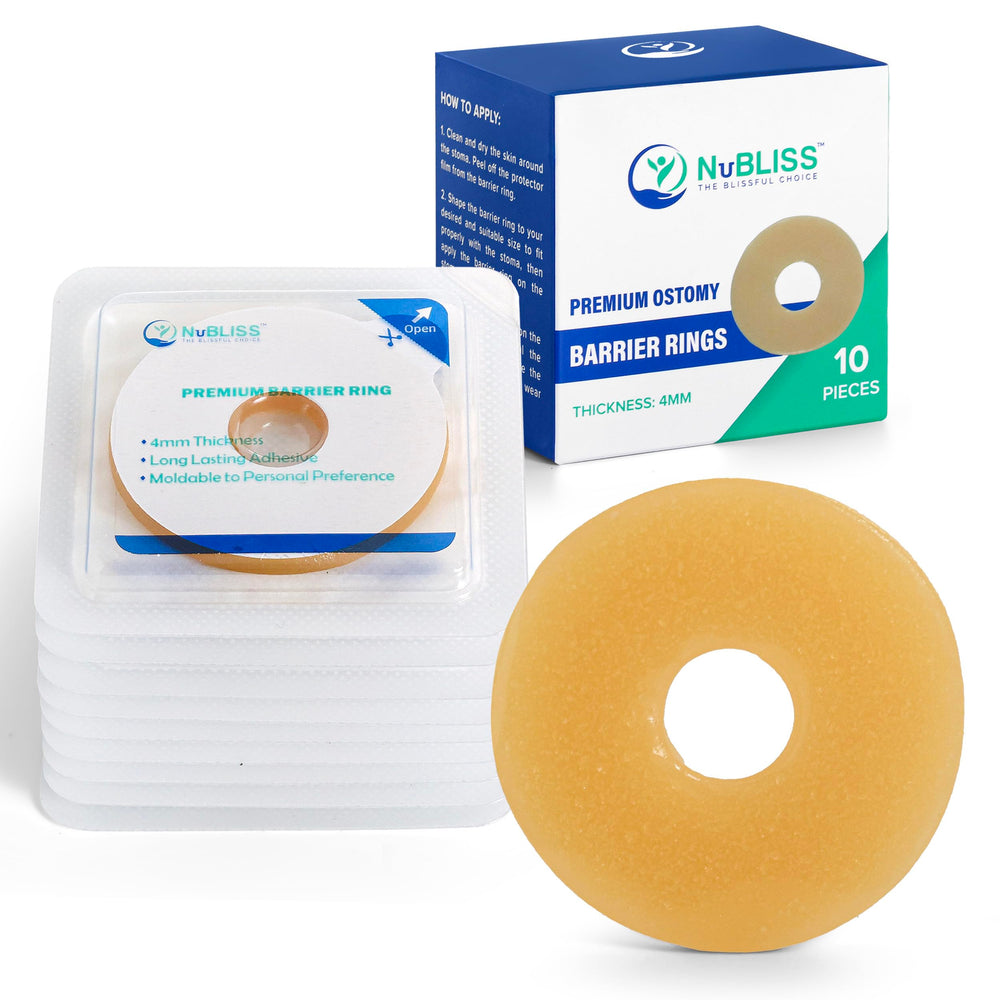 NuBliss moldable ostomy barrier ring 10-pack shown in package for convenient daily care