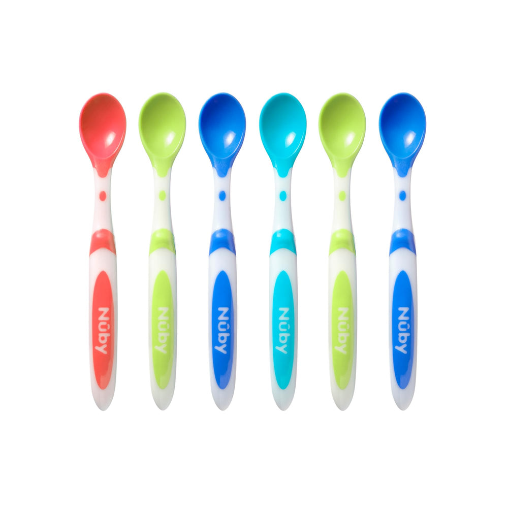 Nuby long-handle weaning spoon in colorful collection for easy reach to pot bottoms.