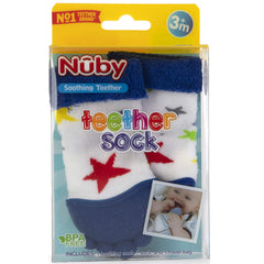 Nuby soothing teether sock blue stars worn on baby's foot demonstrates flexibility