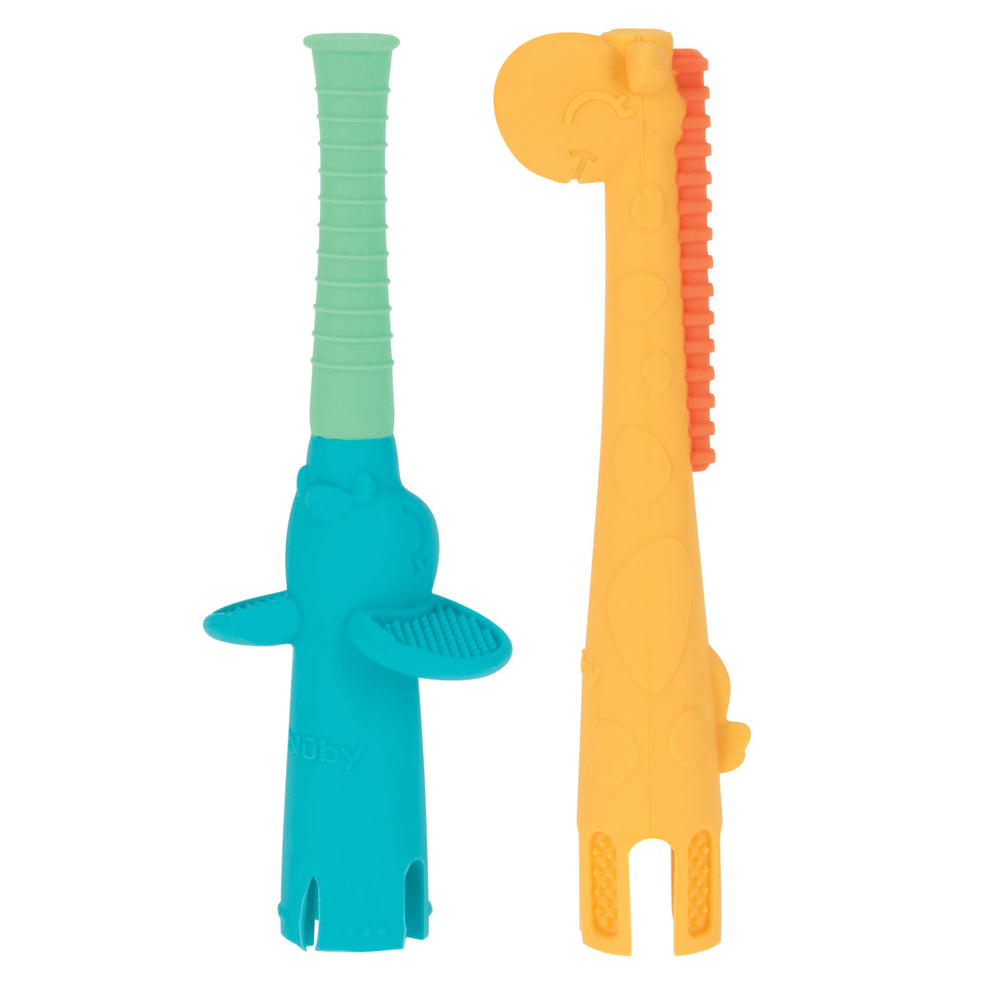Nuby Tube Teether Elephant with soft silicone eases gum discomfort for tiny mouths.