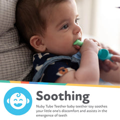 Nuby Tube Teether Giraffe features textured surfaces that stimulate touch during teething.