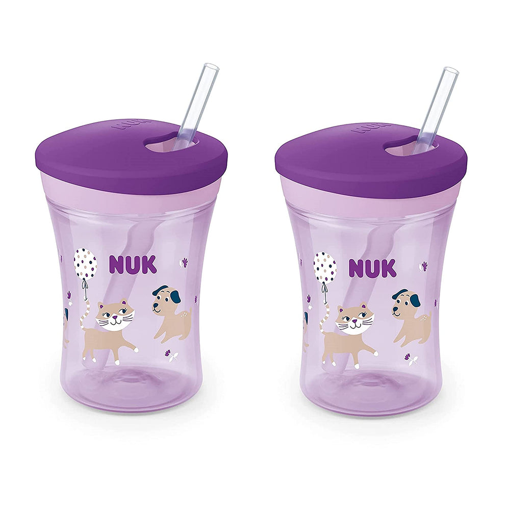 NUK Evolution Straw Cup with purple cat and dog motif supports toddler independence on the go