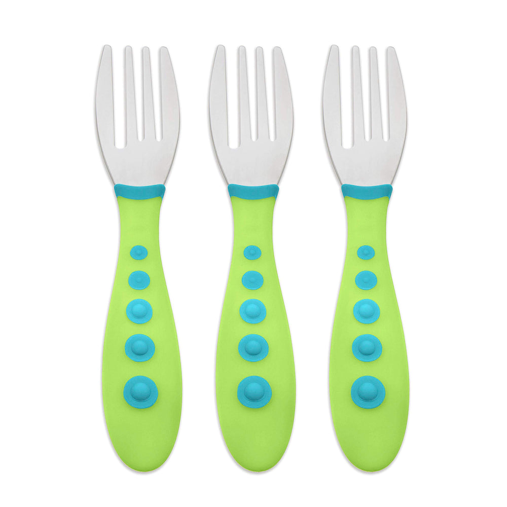 NUK First Essentials Kiddy Cutlery forks with soft handles for tiny hands.
