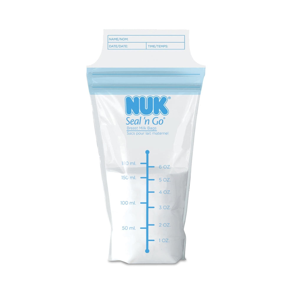 NUK Seal N Go breast milk bags standing upright in the freezer for convenient storage.