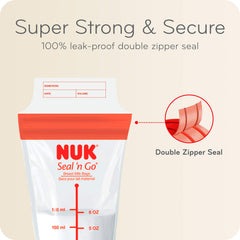 NUK Simply Natural Seal n' Go bag standing upright in freezer for organized storage.