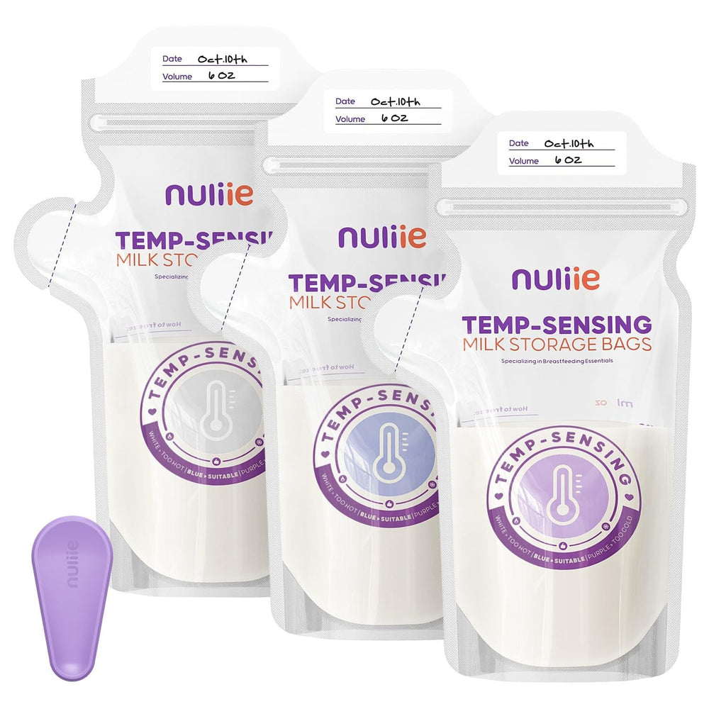 Nuliie temp-sensing breastmilk bag shows temperature for safe handling.