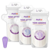Nuliie temp-sensing breastmilk bag shows temperature for safe handling.
