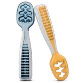 NumNum baby spoons set blue orange pack with easy-grip handles for tiny hands.