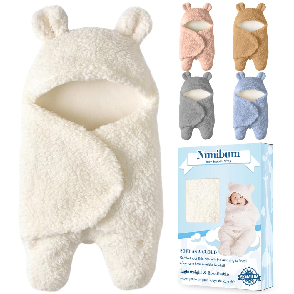 Nunibum bear plush swaddle in white for cozy newborn snuggles
