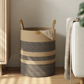 Nunsino 62L striped laundry hamper with leather handles for easy room-to-room transport.