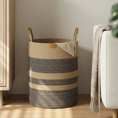 Nunsino 62L striped laundry hamper with leather handles for easy room-to-room transport.
