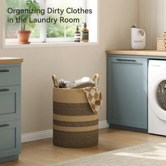 Nunsino 62L striped hamper shown with open top for quick sorting access.