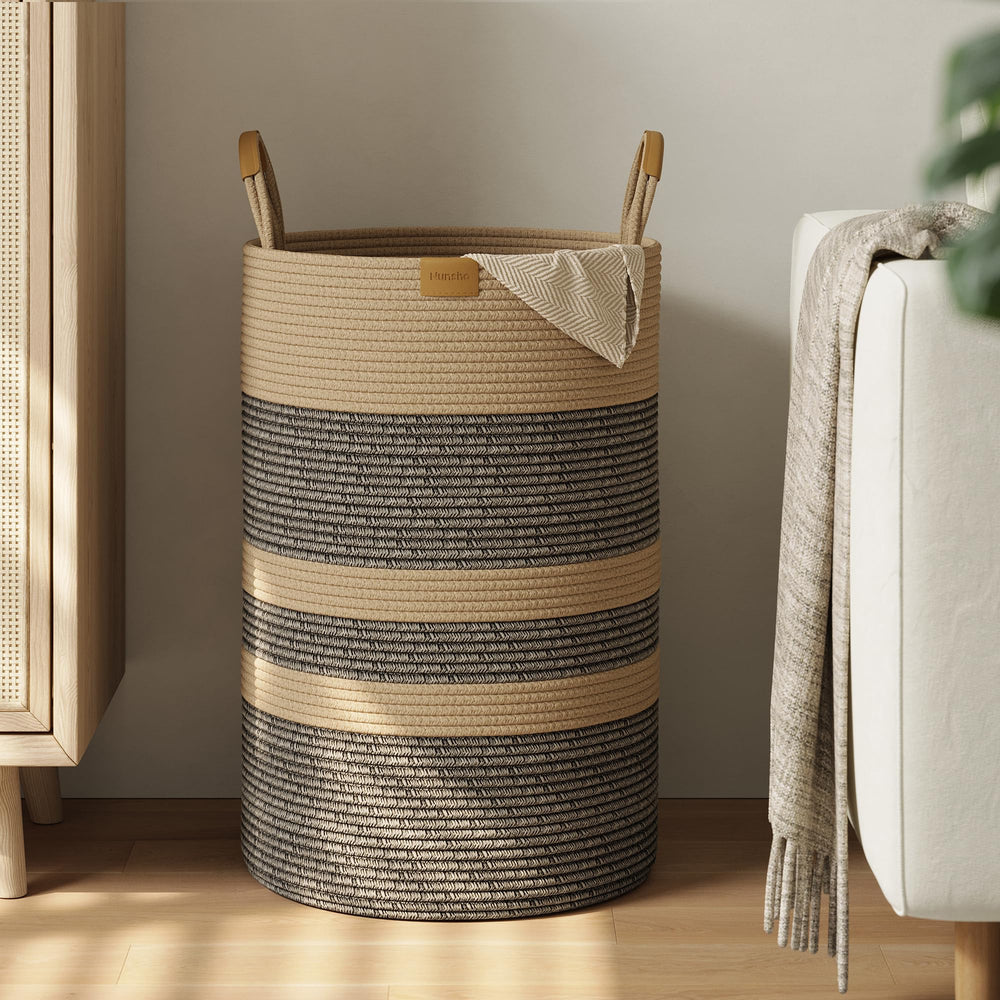 Nunsino 75L striped laundry hamper with leather handles for easy transport.