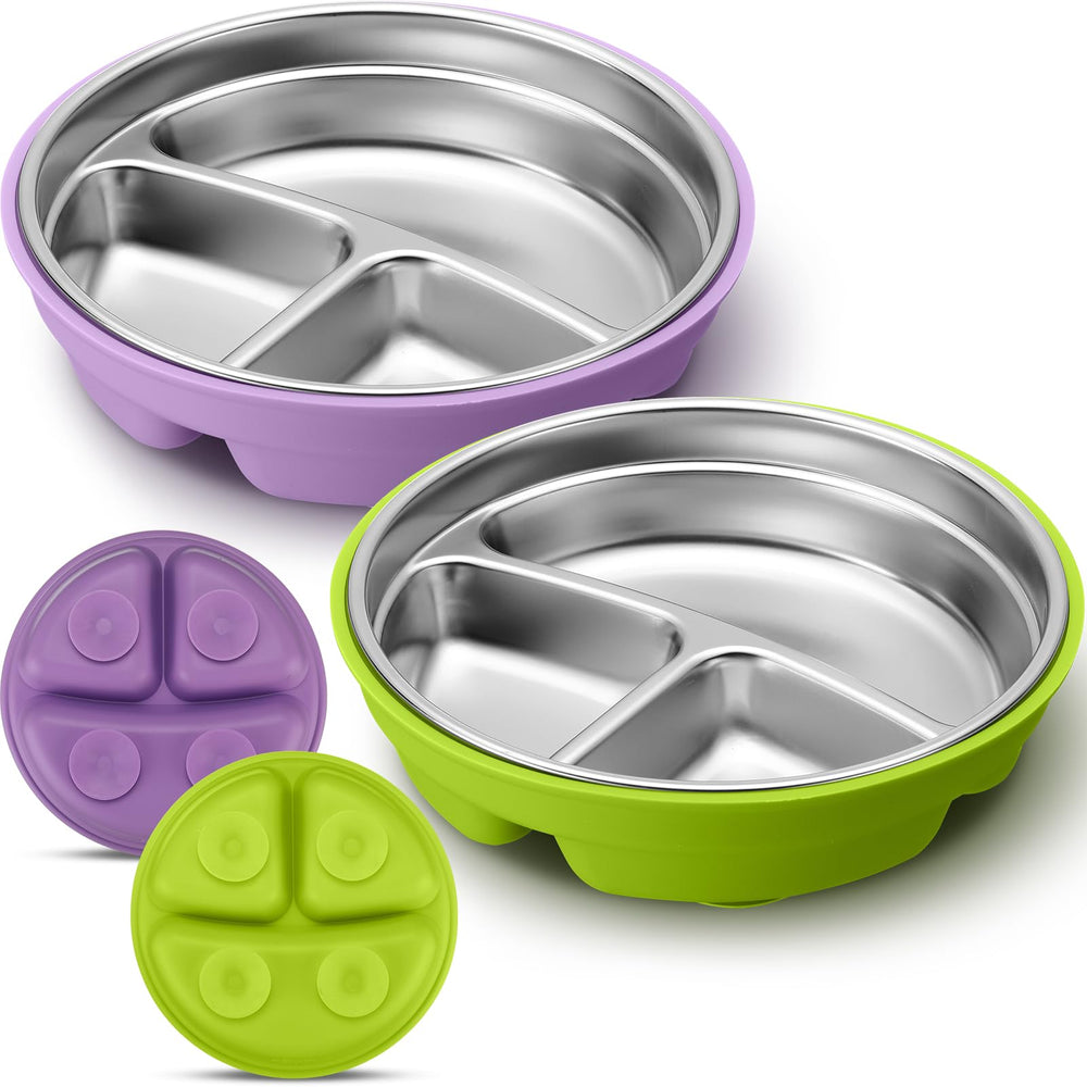 Nuogo baby suction plate purple assembled with stable self-feeding grip.