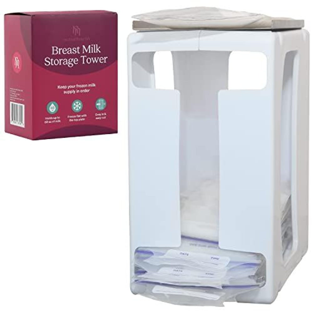 Nurse & Nourish breast milk storage tower in white, front view, organizes freezer bags.