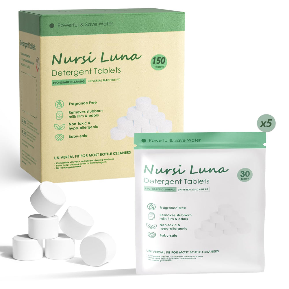 Nursi Luna detergent tablets, bottle washer action, quickly dissolve to reduce residue and odors.