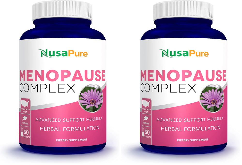 NusaPure Menopause Complex bottle front showing 60 capsules for daily use