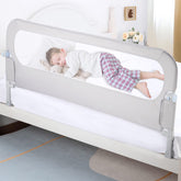 NUTIKAS baby bed rail guard in swing-down mode for easy nighttime access