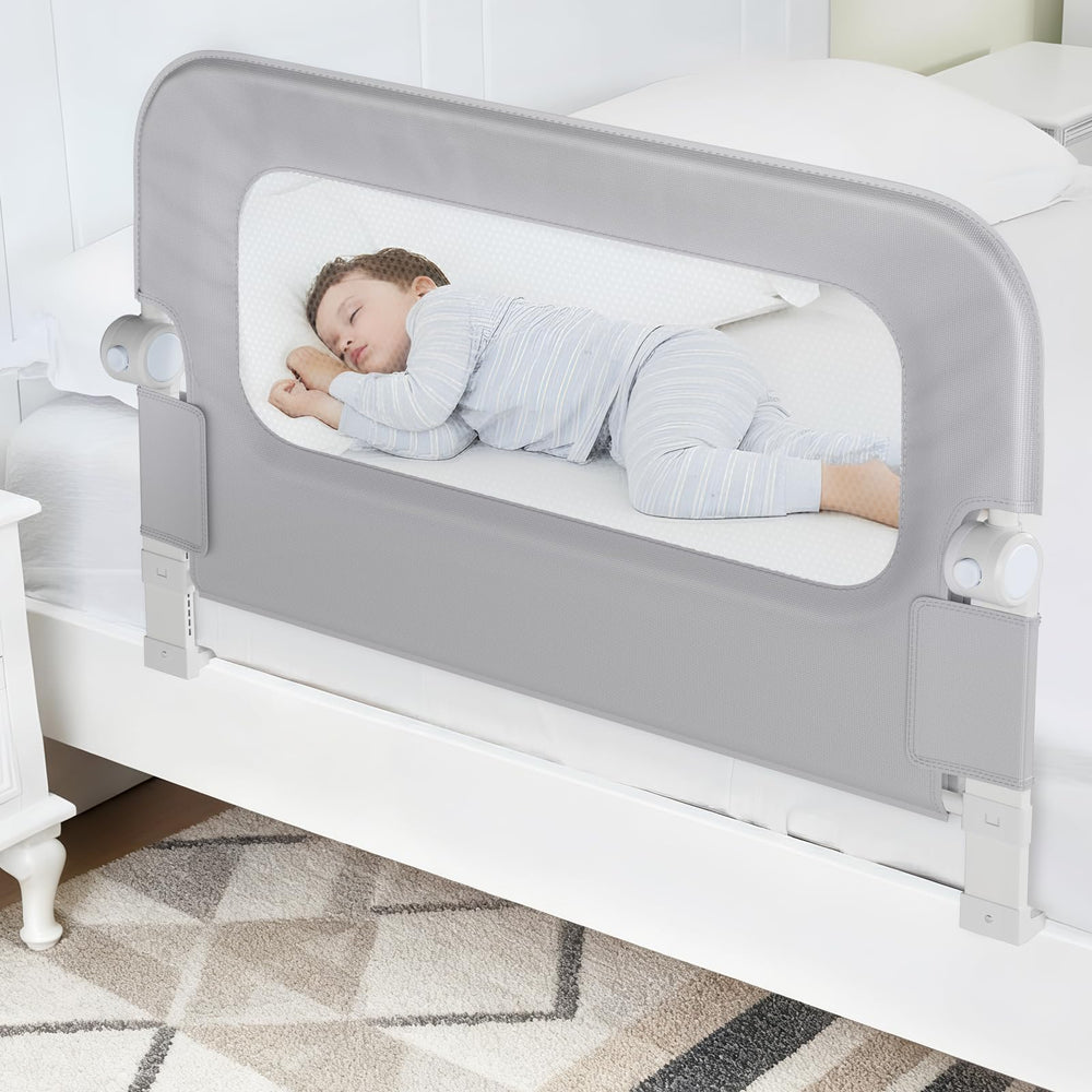 NUTIKAS swing-down bed rail for easy, quiet toddler access.