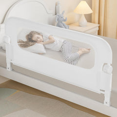 NUTIKAS baby bed rail swing-down shown for quiet entry and exit