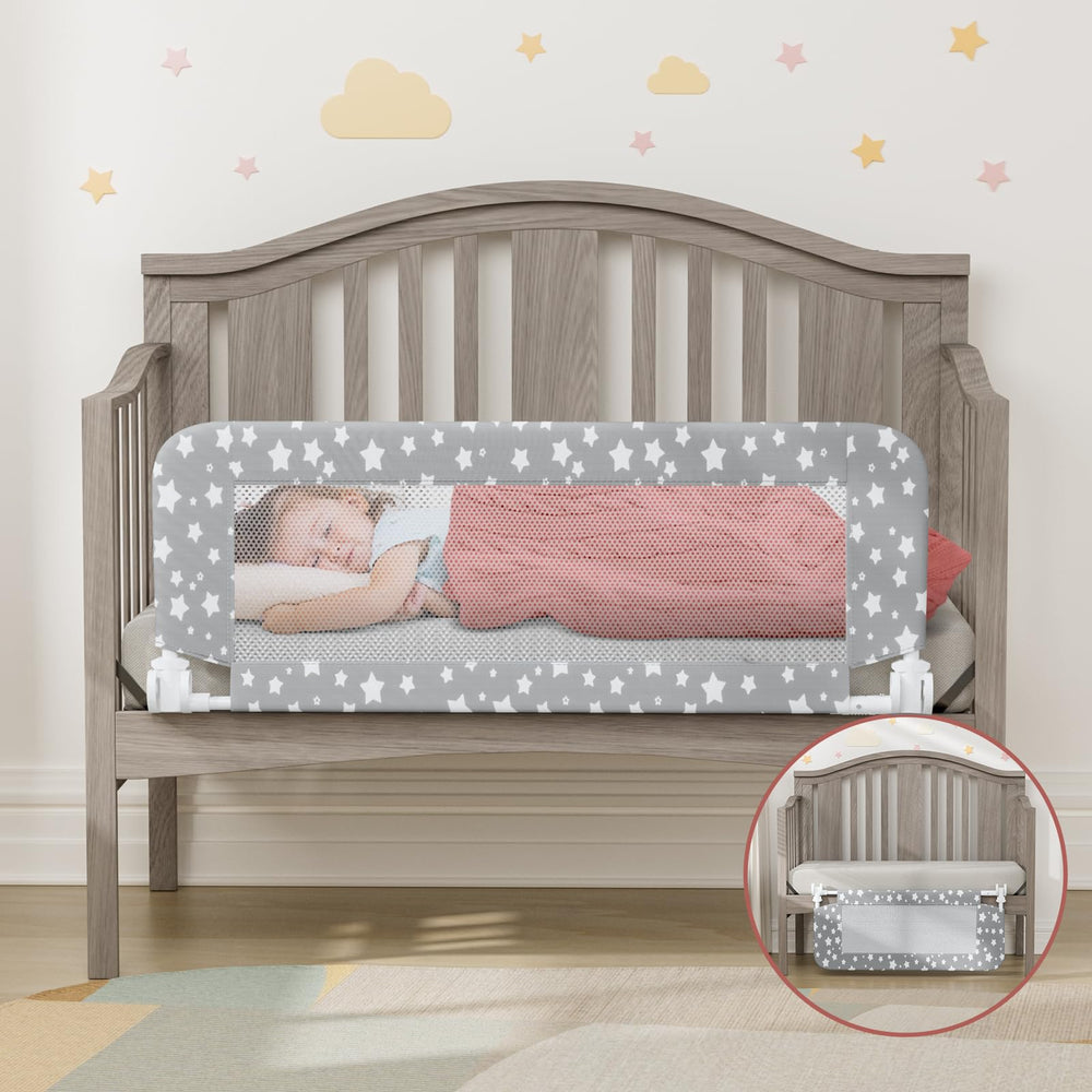NUTIKAS crib rail guard installed on a standard crib for secure sleep