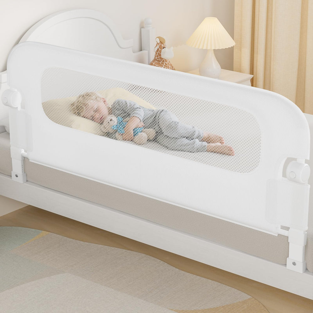 NUTIKAS swing-down bed rail 59in keeps toddlers safely in bed yet easily accessible.