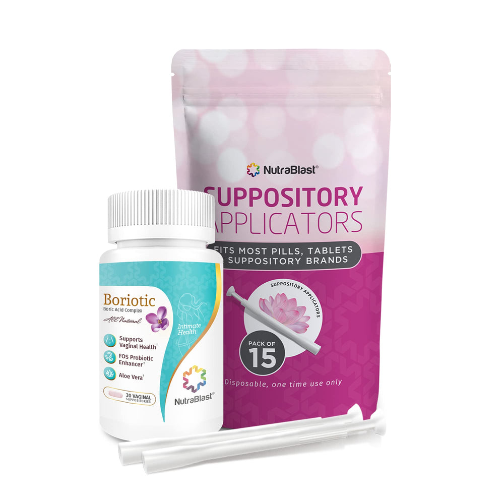 NutraBlast boric acid vaginal suppositories bundle display for daily intimate balance.