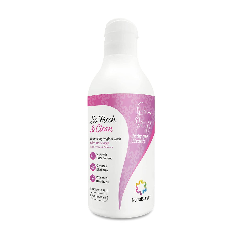 NutraBlast So Fresh & Clean bottle shot highlights boric acid balance for intimate care.