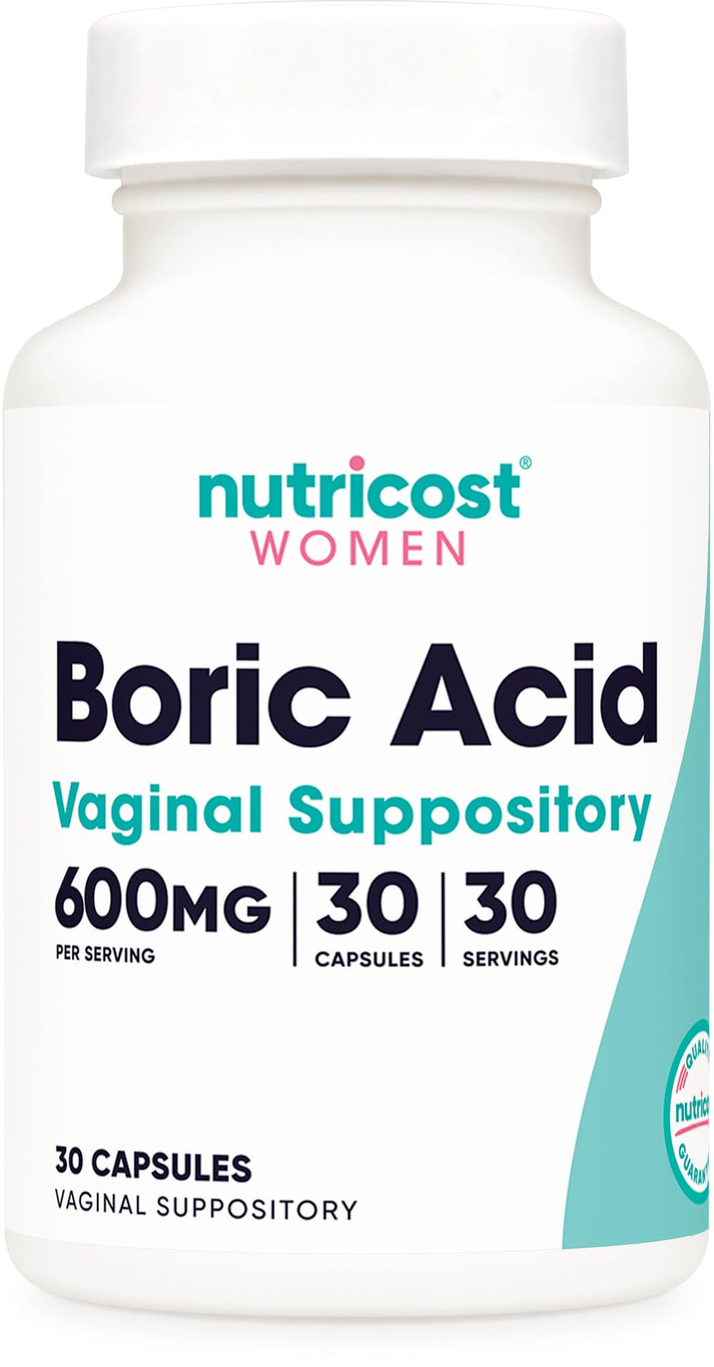 Nutricost boric acid suppository bottle showing 30 capsules for daily vaginal support