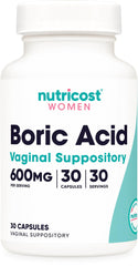 Nutricost boric acid suppository bottle showing 30 capsules for daily vaginal support