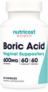 Nutricost Boric Acid vaginal suppository bottle on shelf for daily intimate care