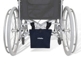 NYOrtho Urine Drainage Bag Holder on a wheelchair provides discreet bag concealment.