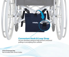 NYOrtho Urine Drainage Bag Holder mounted under a bed or chair for dignity.