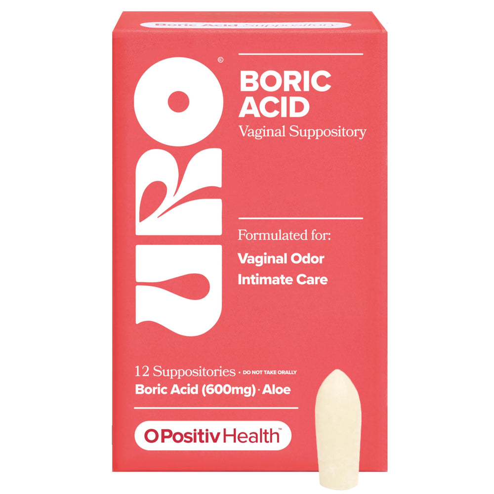 O Positiv URO boric acid vaginal suppository box shows packaging for easy use.